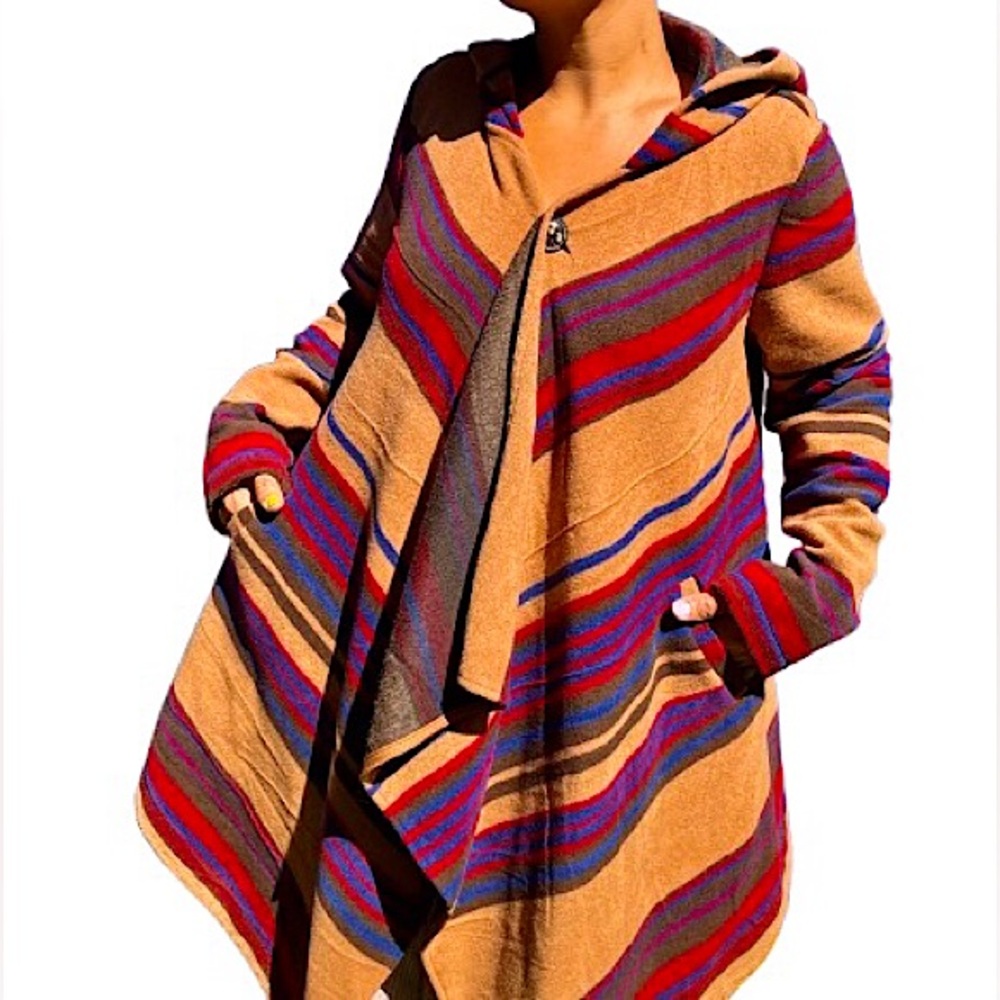{Maison Jules} Hooded Cardigan Jacket – Striped Southwestern Poncho Tunic Style